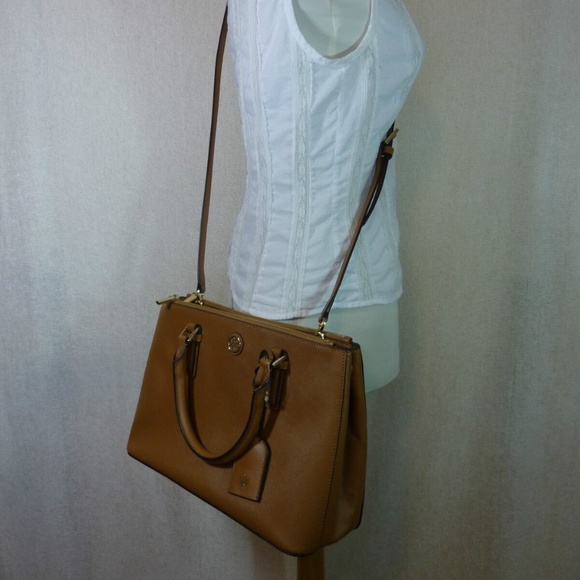 NEW Tory Burch Robinson Mini Double-Zip Tigers Eye Tan Leather Tote Bag/Satchel - Picture 12 of 14